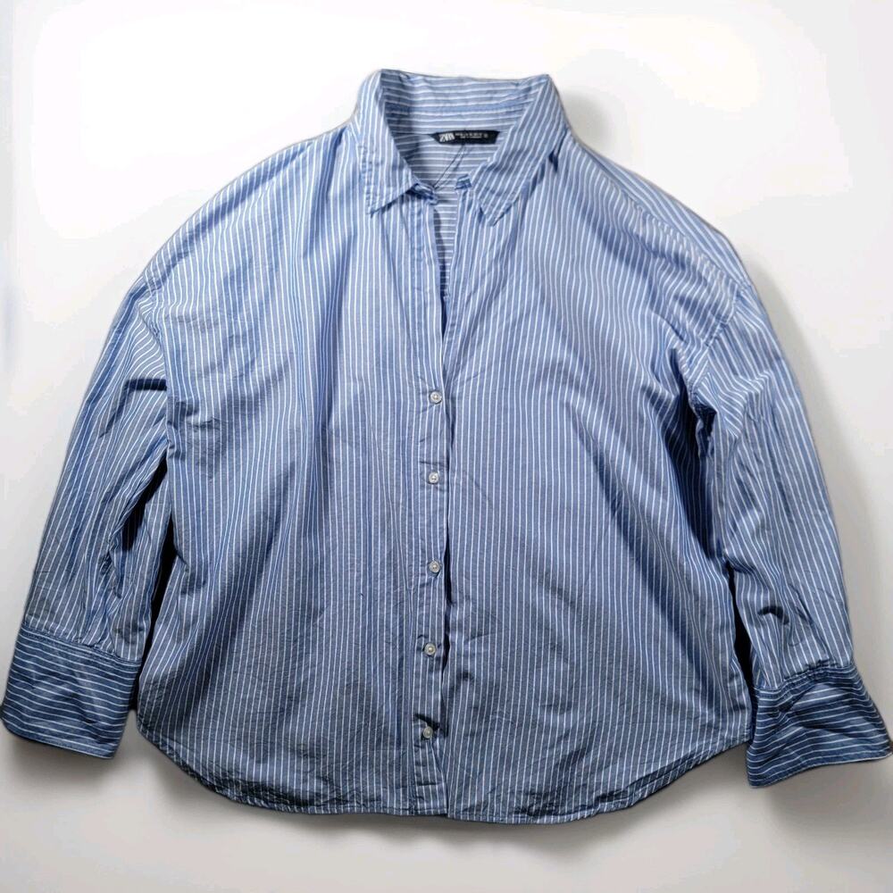 Zara Womens XL Button Front Office Casual Shirt Blouse Striped Blue White